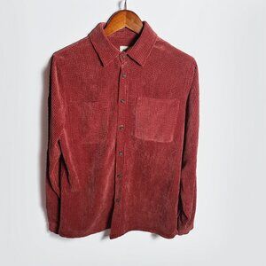 Men's Zara Coral Red Corduroy Terry Button Down Pocket Shirt Small (oversized)